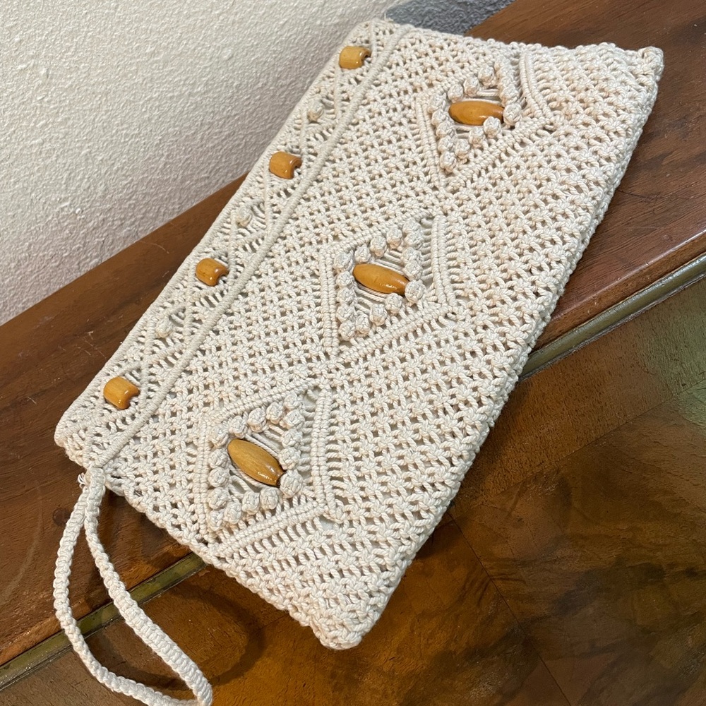 Vintage Macrame Cream Crochet Clutch with Wooden Accents